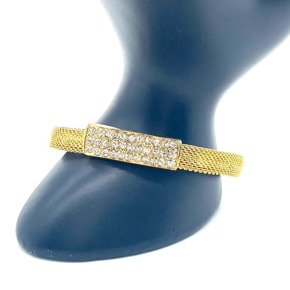 Mesh Cuff Bracelet  with Rhinestones Accent Gold Plated